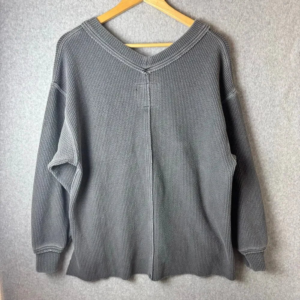 AERIE Gray Wonder Textured V-Neck Pullover Sweatshirt Size XS Oversized Women’s
